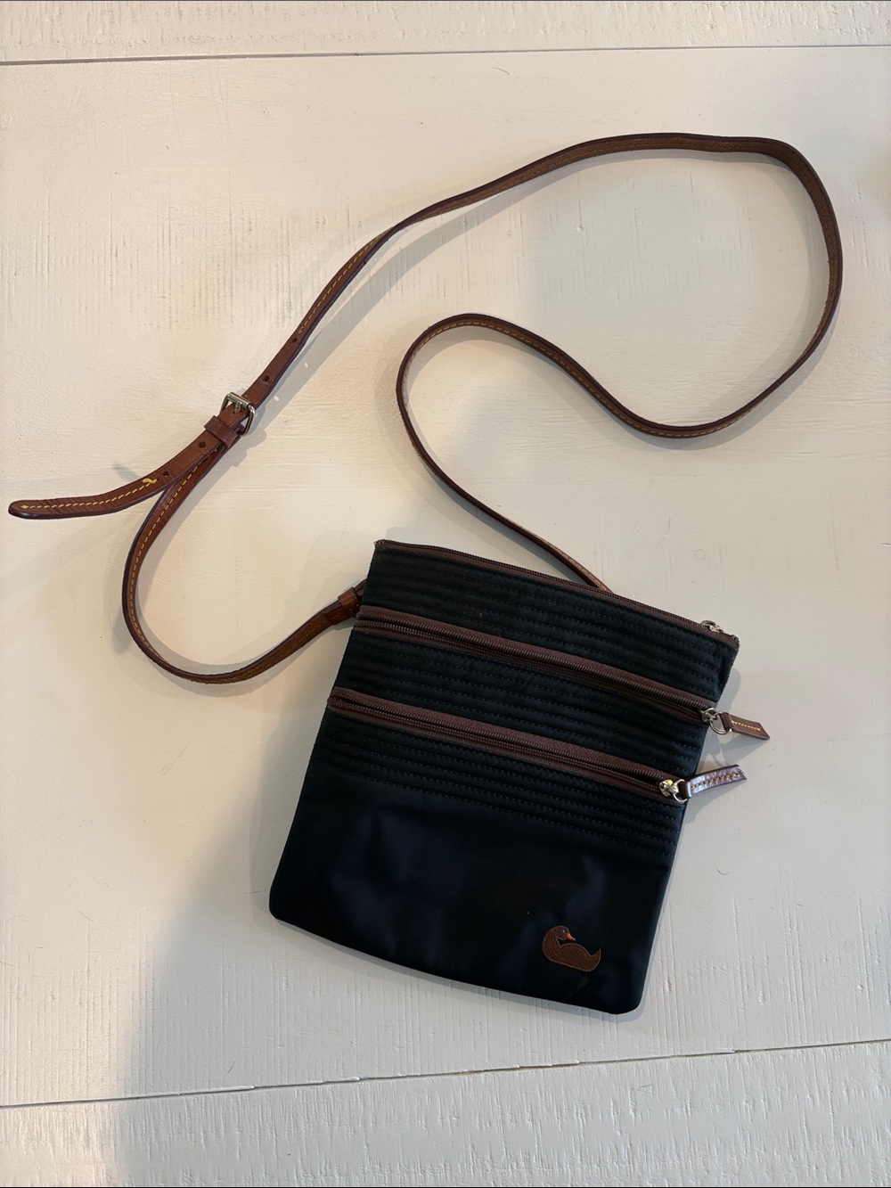 Dooney & Burke Black Crossbody Bag with Brown Trim/Pink Lining wAdjustable Strap